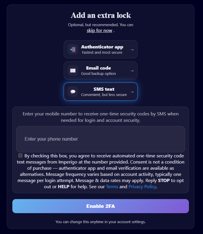 Imperigo two-factor authentication setup screen showing the SMS option selected, a mobile number field, and a consent checkbox with disclosure text